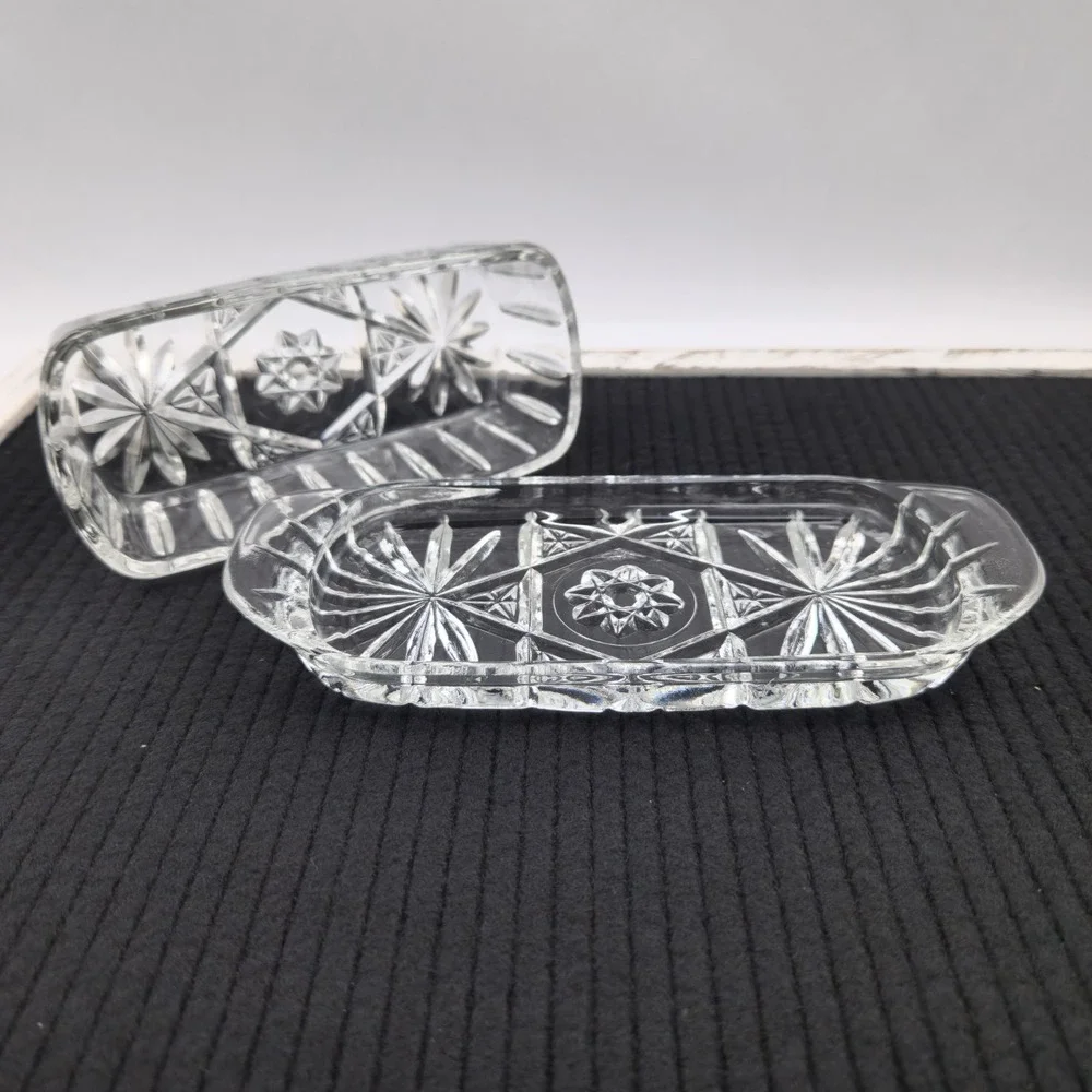 Anchor Hocking Butter Dish Heavy Clear Glass Starburst Pattern with Lid Vintage